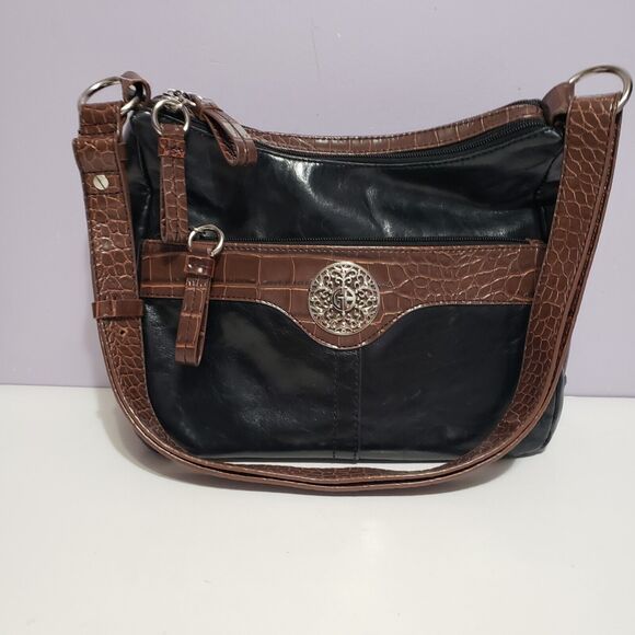 Giani Bernini Black Brown Patent Leather Hand Bsg Purse 8"×10"×3.5" - Picture 1 of 8